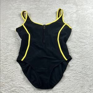 Baltex Canada made black and yellow sporty half zip one piece swimsuit, 16